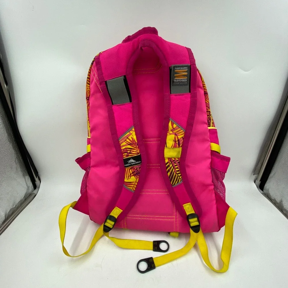 High Sierra Backpack Pink Yellow Tropical Palm Leaf Print Multi-Pocket 18in